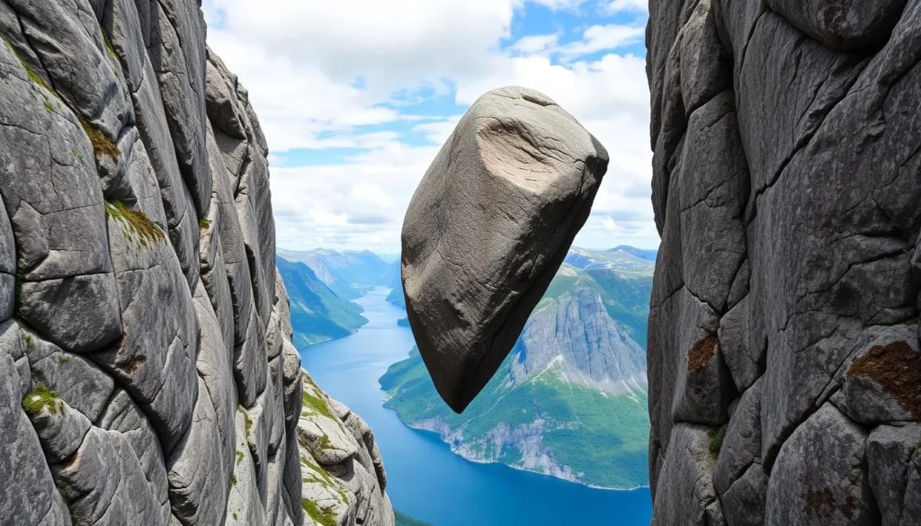 Image of Kjeragbolten boulder perched between cliff faces high above Lysefjord