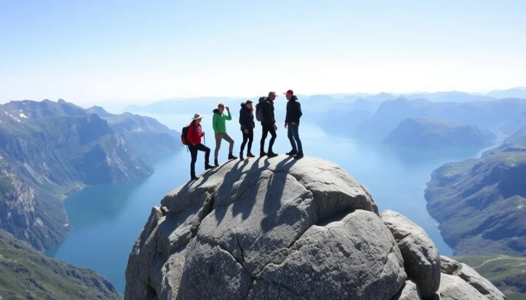 Image of Kjeragbolten hikers standing on the boulder with Lysefjord in the background
