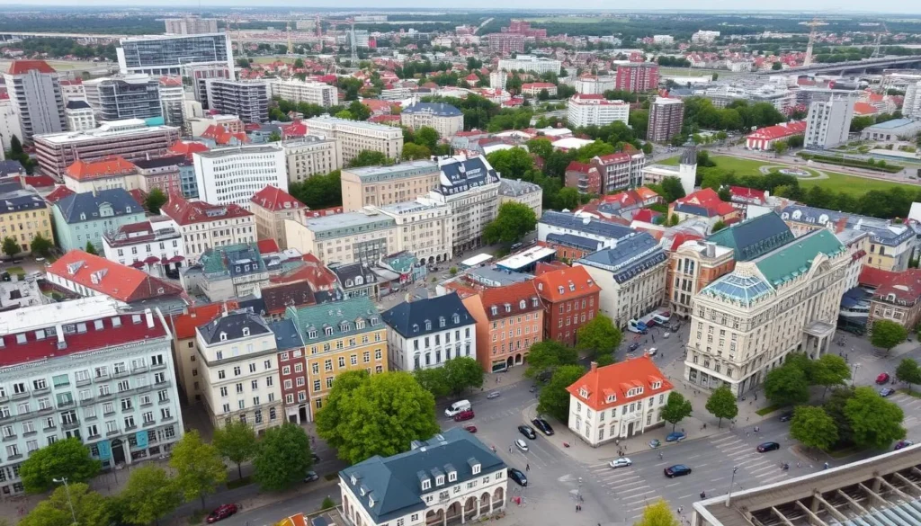Image of Klaipeda cityscape with various hotels and accommodations