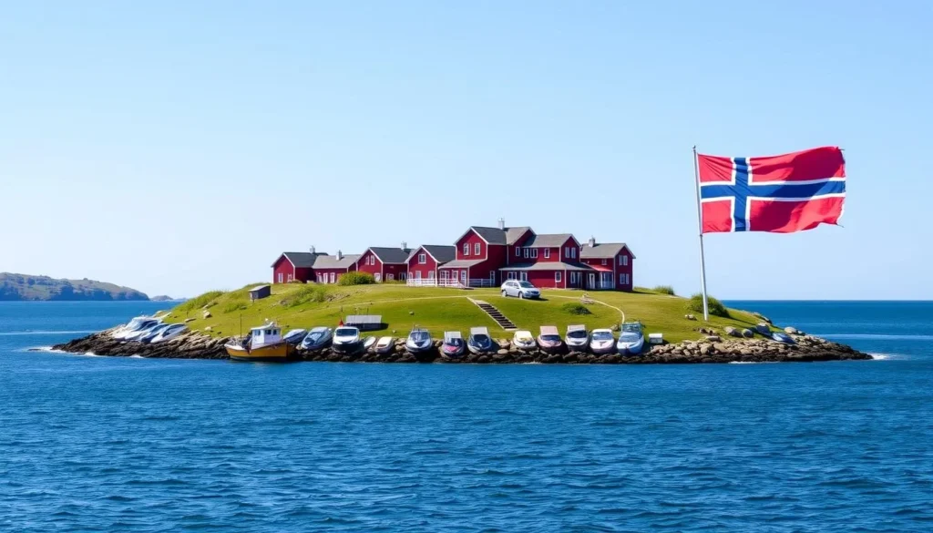Image of Kobba Klintar island with its distinctive red buildings and the Åland flag flying proudly