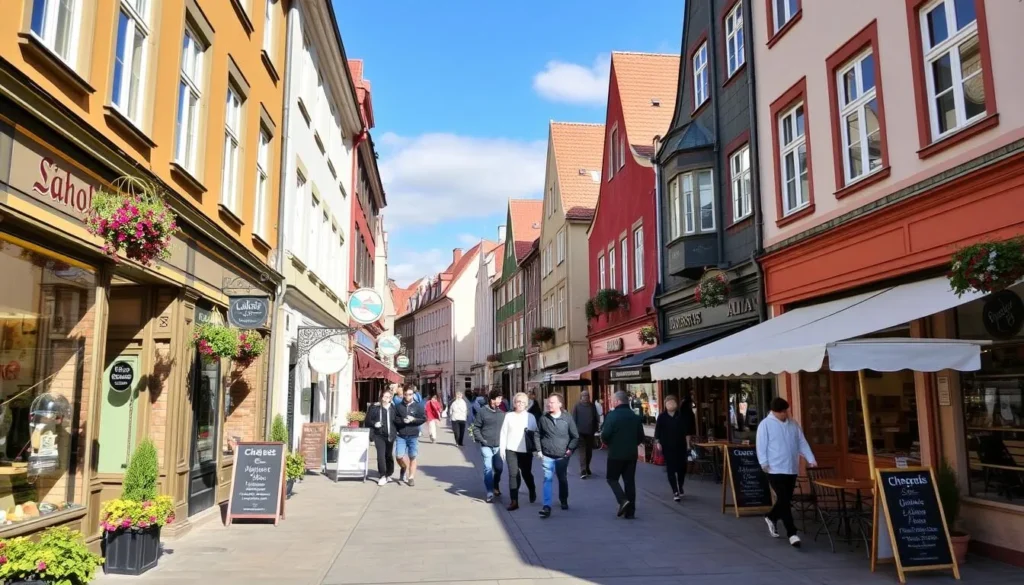 Image of Laisvės Alėja with shops and cafes