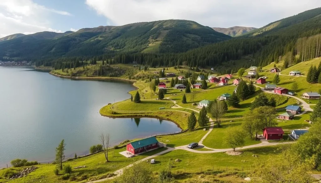 Image of Lake Akkajaure with various accommodation types in the surrounding area