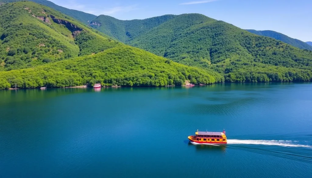 Image of Lake George with a paddleboat Image of Lake George with a paddleboat