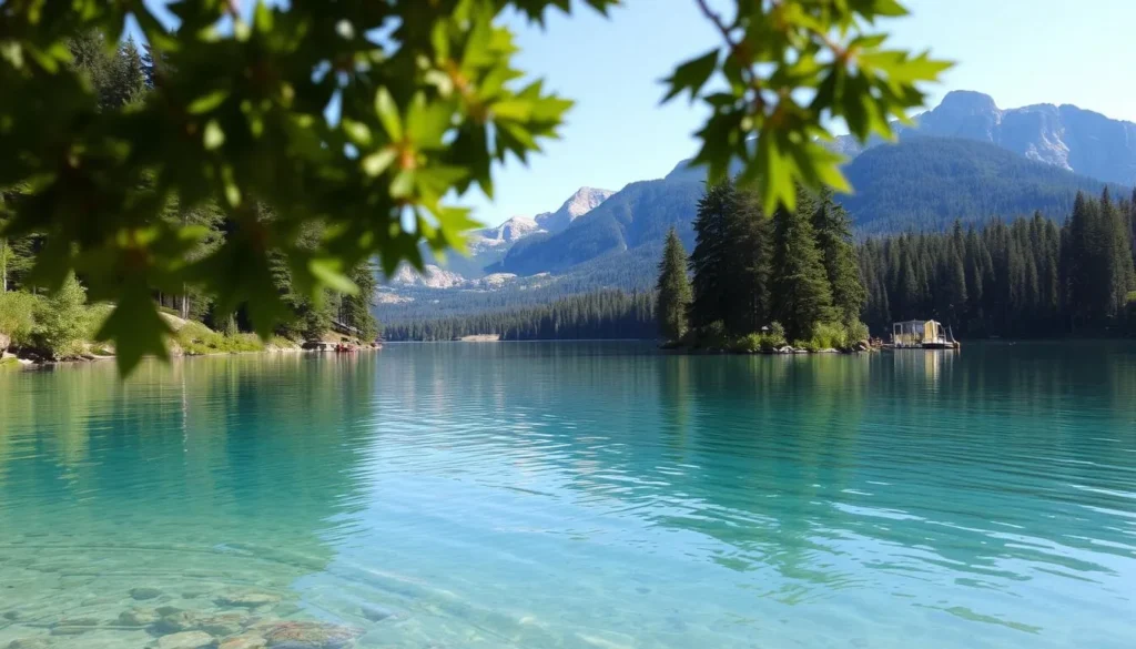 Image of Lake Hornavan's crystal clear waters surrounded by dense forests and mountains.