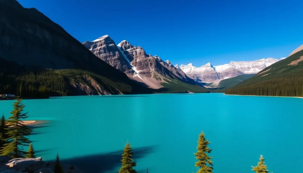 Image of Lake Louise with its turquoise waters and surrounding mountain peaks