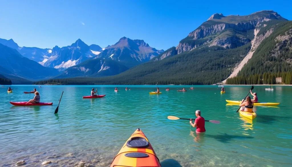 Image of Lake Minnewanka with various water activities