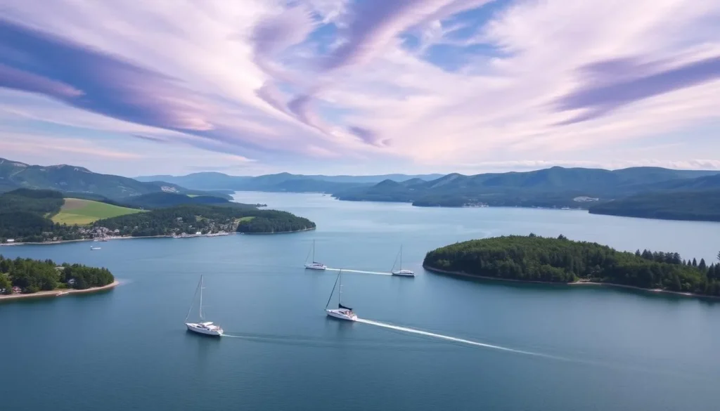 Image of Lake Mjøsa with boats and surrounding landscape