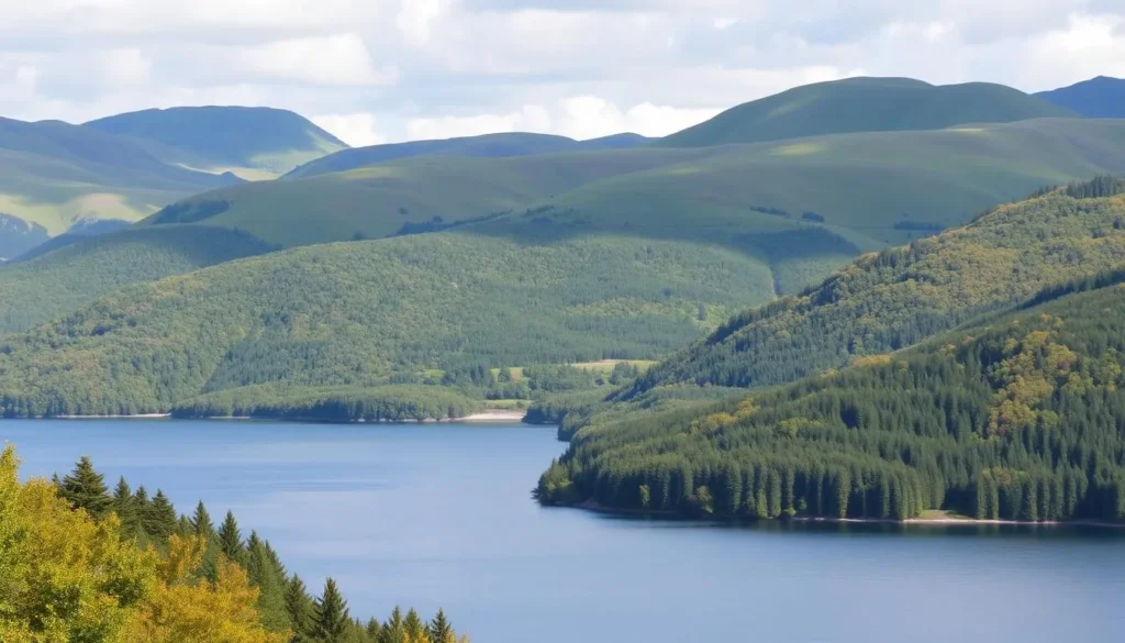 Image of Lake Randsfjorden surrounded by rolling hills and dense forests