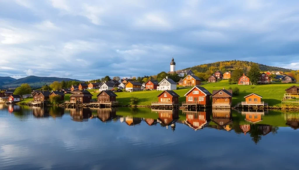 Image of Lake Siljan with traditional wooden houses in the surrounding villages