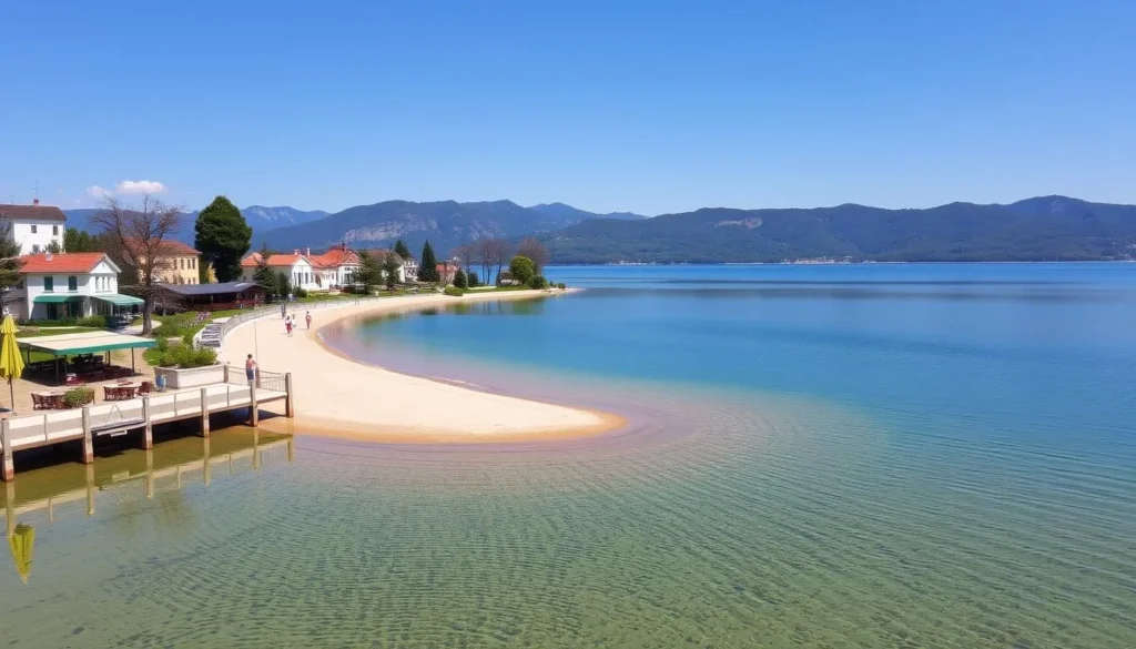 Image of Lake Talkša with a small beach and surrounding cafes