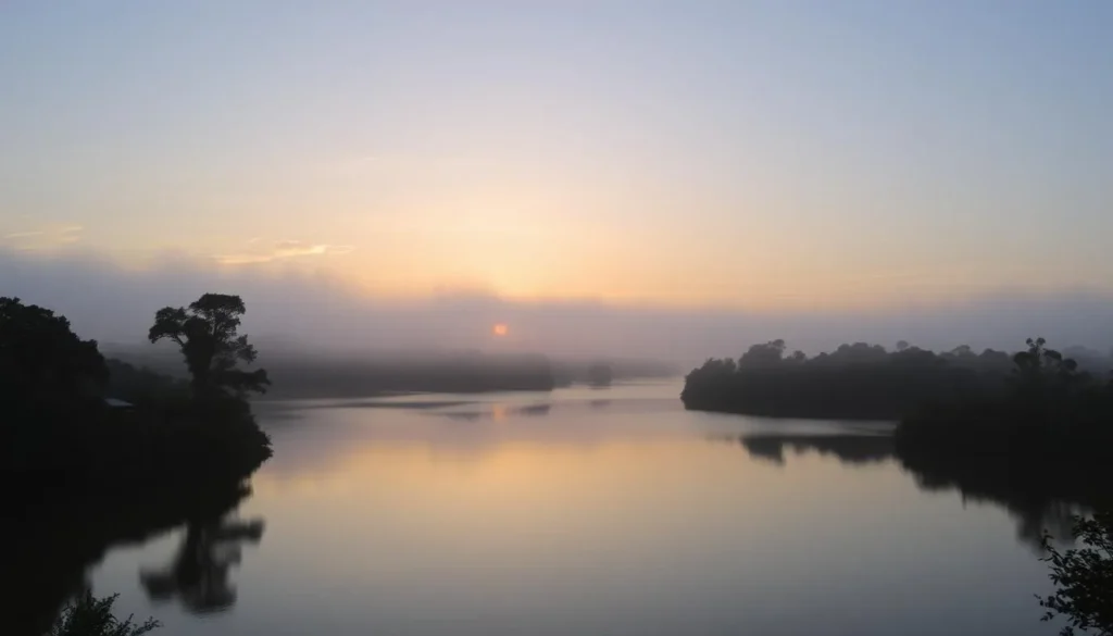 Image of Lake Vaddo at sunrise with a misty atmosphere