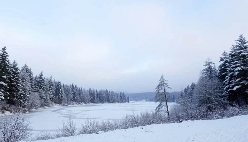 Image of Lake Vaddo in winter with snow-covered trees and a frozen lake