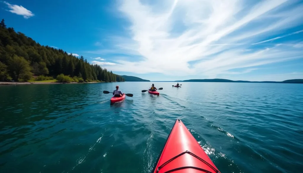 Image of Lake Vättern with kayakers and paddleboarders enjoying the crystal-clear water.