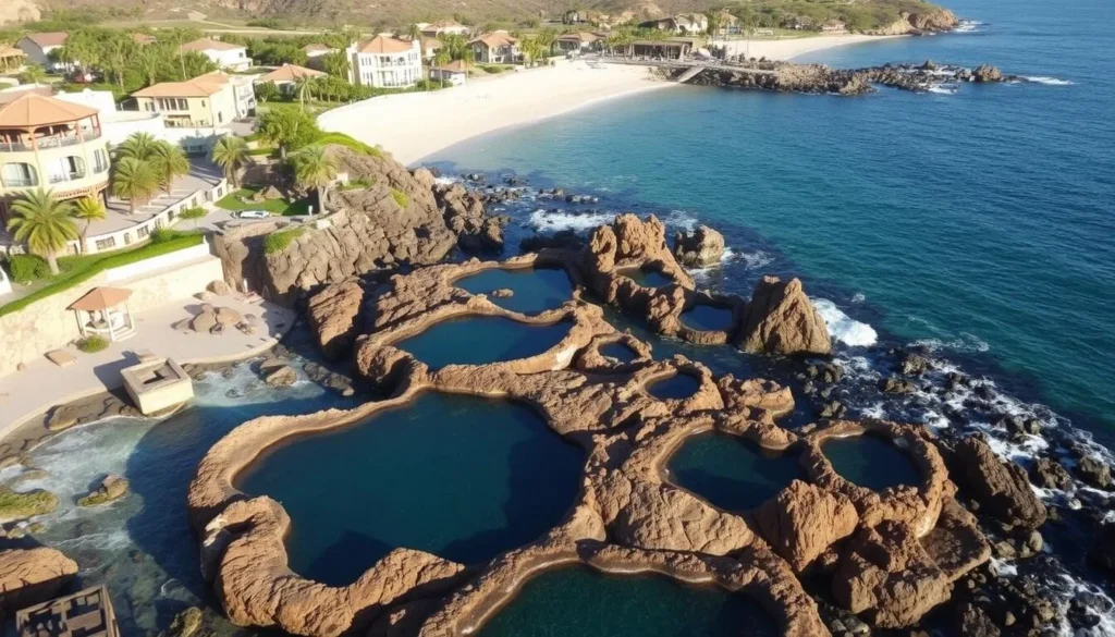 Image of Las Pocitas Beach with natural rock pools and upscale amenities