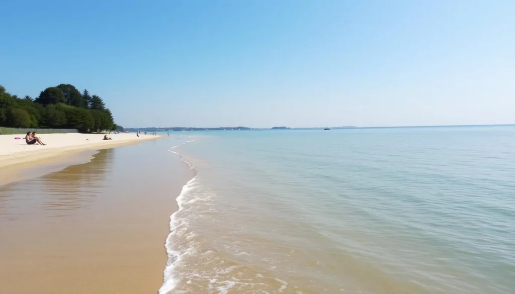 Image of Lawson's Bay Beach with calm waters and people sunbathing