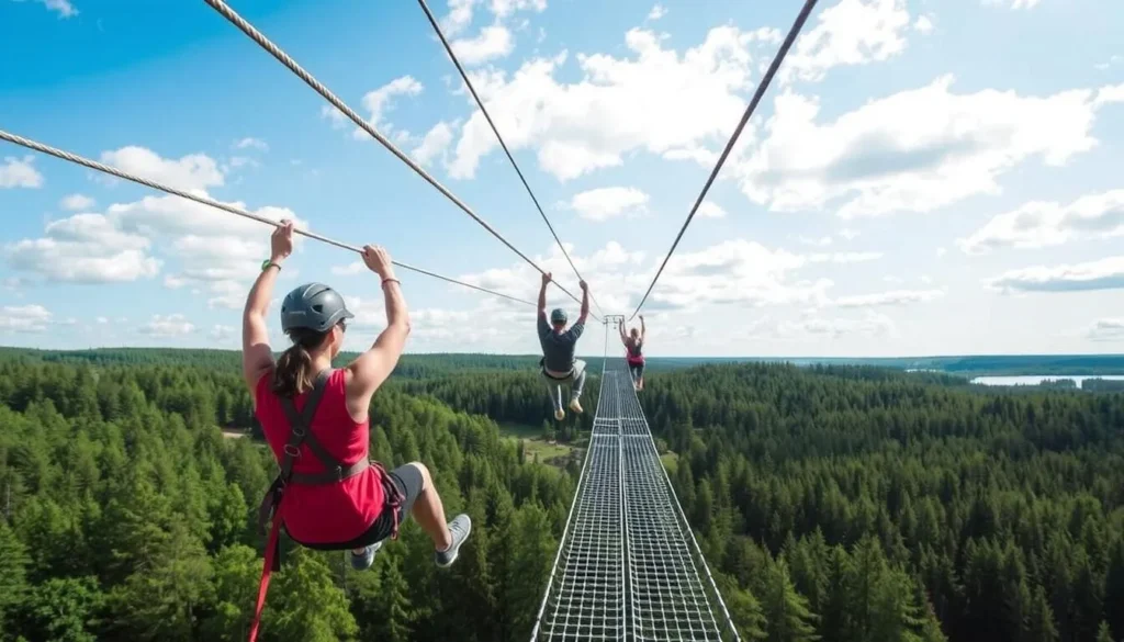 Image of Little Rock Lake Zipline in Sweden with people ziplining through the forest
