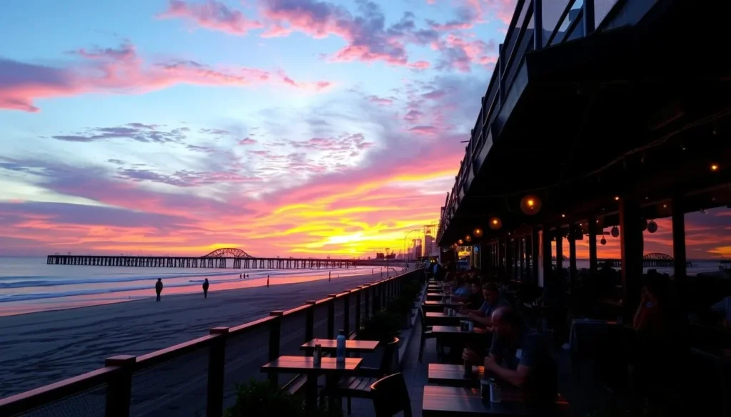 Image of Long Beach oceanfront dining at sunset