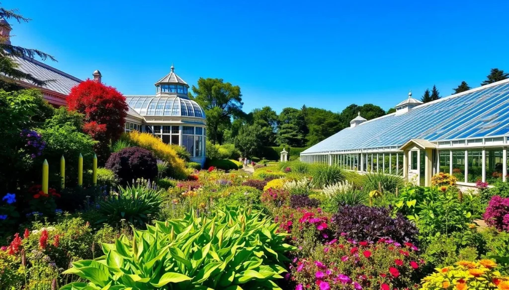 Image of Lund Botanical Gardens with diverse plant species and greenhouses