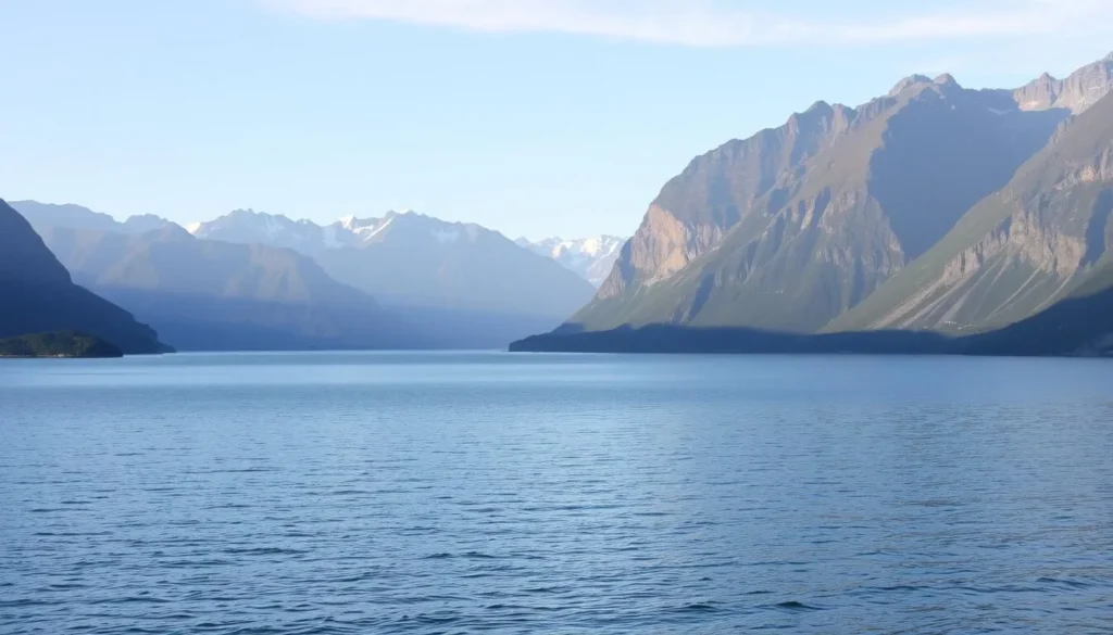 Image of Lustrafjord with calm waters and surrounding mountains