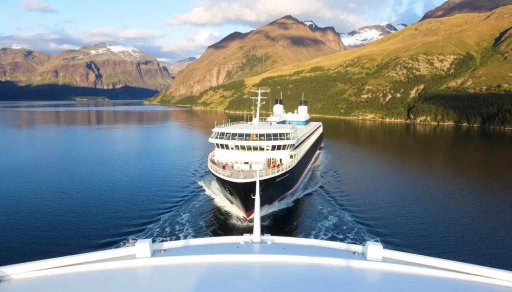 Image of M/S Fram cruising through Lake Nisser with scenic surroundings