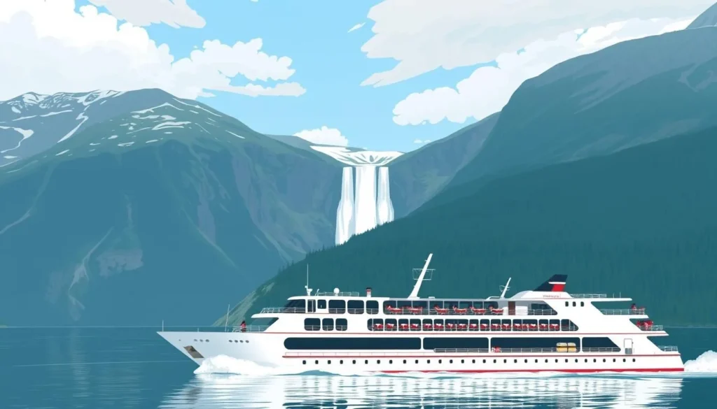 Image of MS Kjenndal II cruising on Loen Lake, with Utigardsfossen waterfall in the background