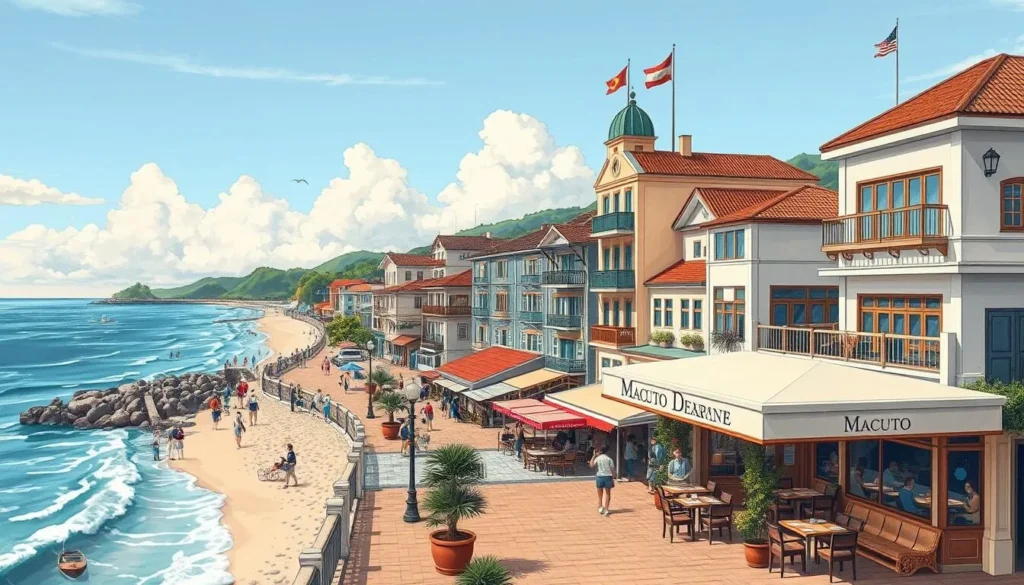 Image of Macuto Beach with its promenade, restaurants, and historical buildings.