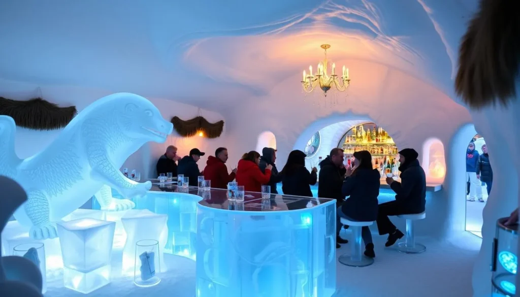 Image of Magic Ice Bar in Tromso, Norway, with ice sculptures and people enjoying drinks