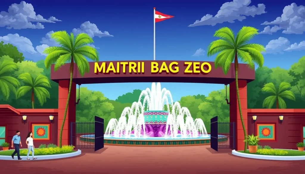 Image of Maitri Bagh Zoo's main entrance with a musical fountain in the background