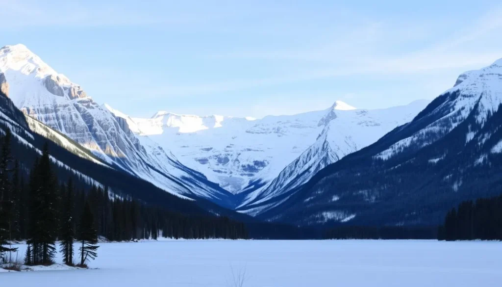 Image of Maligne Lake in winter with snow-covered mountains and a frozen lake
