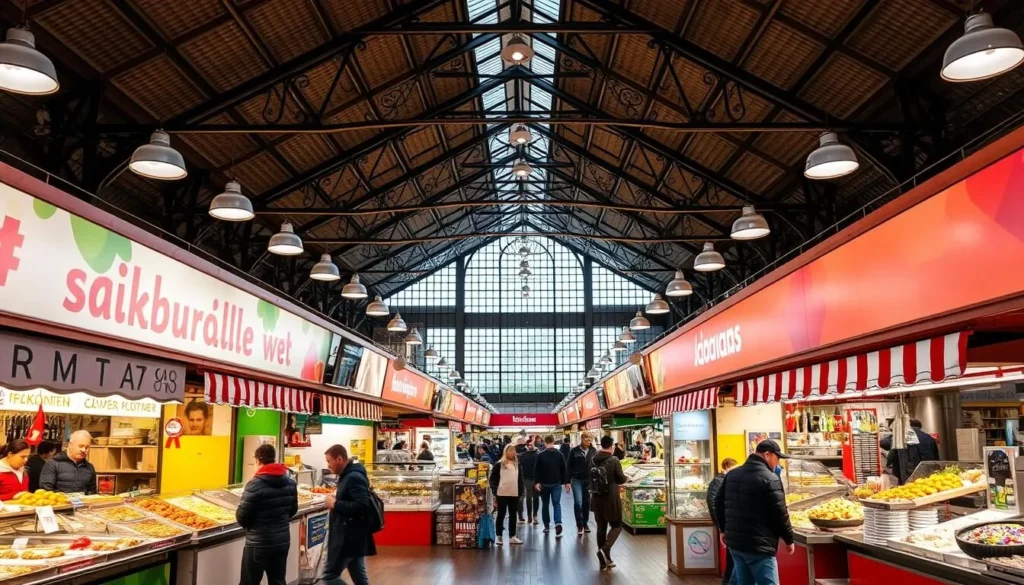Image of Malmö Saluhall's interior with various food stalls