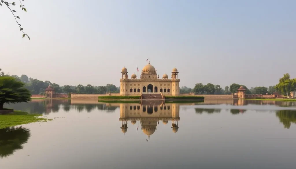 Image of Mandu's Jahaz Mahal between two lakes