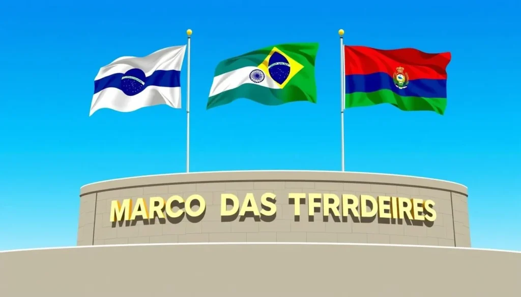 Image of Marco das Três Fronteiras landmark with the flags of Brazil, Argentina, and Paraguay