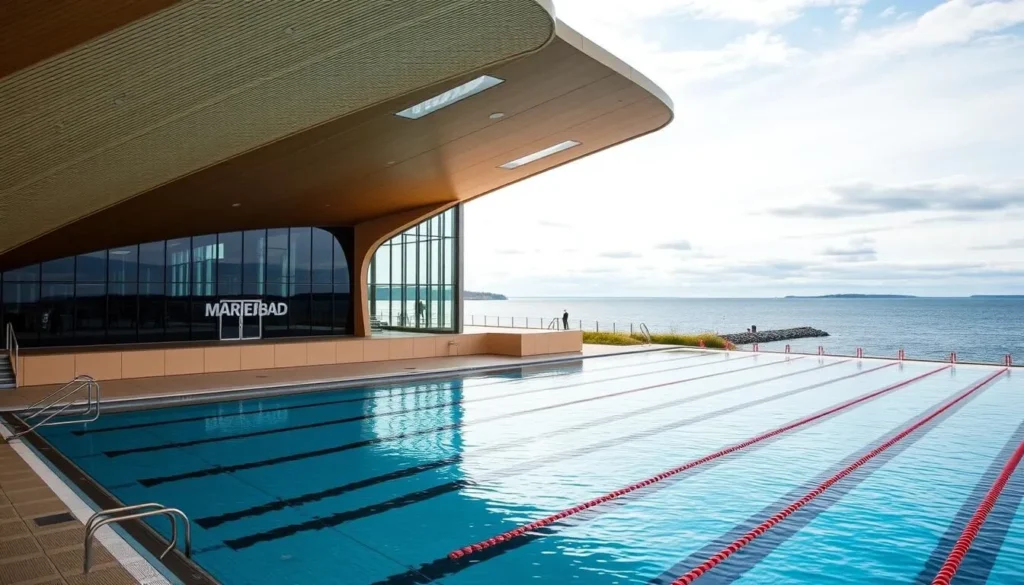 Image of Mariebad swimming hall in Mariehamn, Finland, with a view of the sea