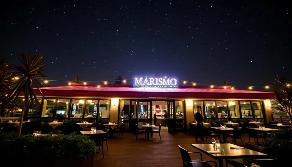 Image of Marismo's outdoor dining area at night with stars visible