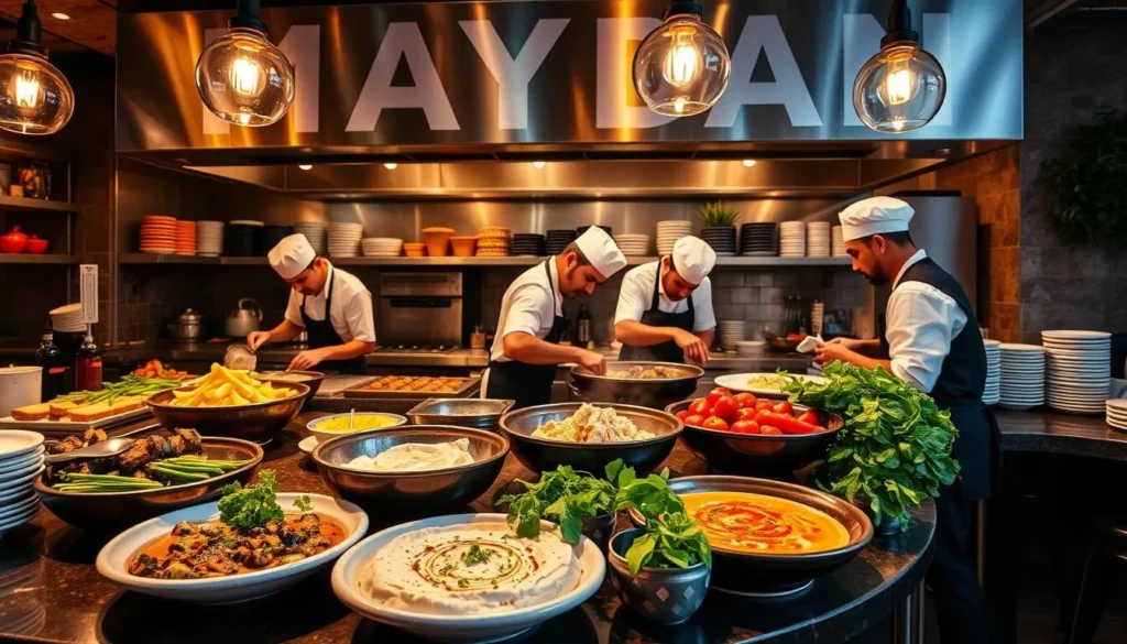 Image of Maydan's open kitchen and traditional Middle Eastern dishes