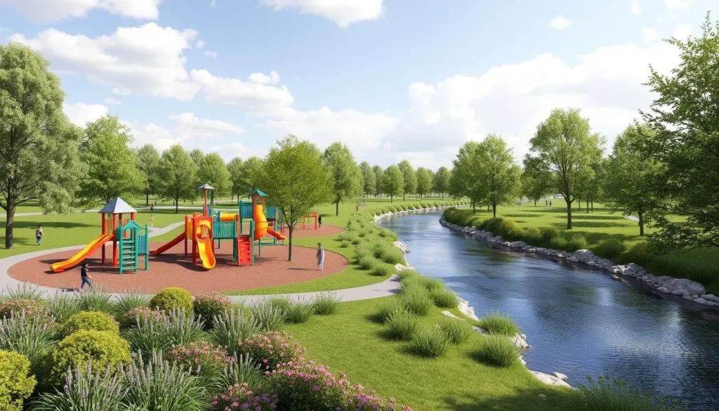 Image of Mayesbrook Park's adventure playgrounds and restored river landscape