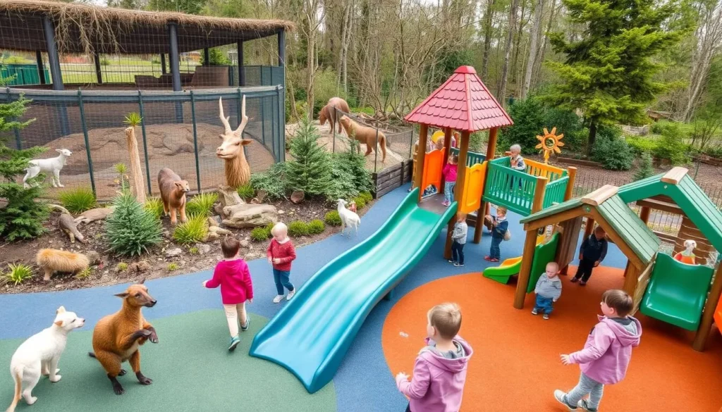 Image of Mickelbo Gård Mini Zoo in Umeå, Sweden, featuring a variety of animals and a playground