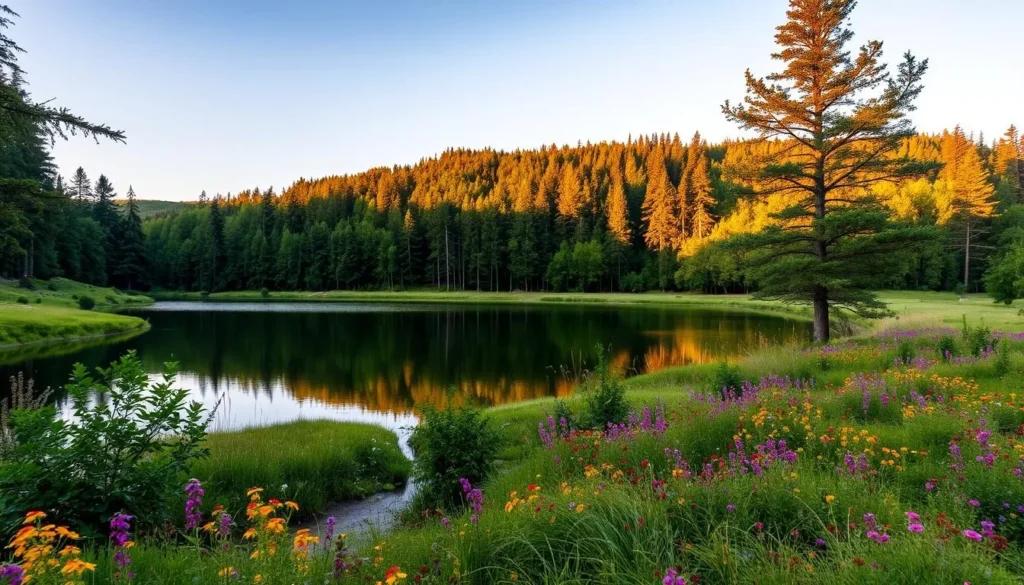 Image of Milovský Pond with surrounding forests and meadows
