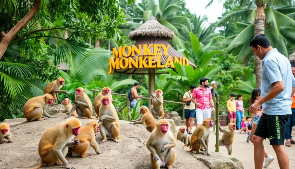 Image of Monkey Island with various monkey species interacting with visitors