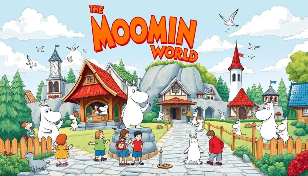 Image of Moomin World in Naantali, with Moomin characters and attractions.