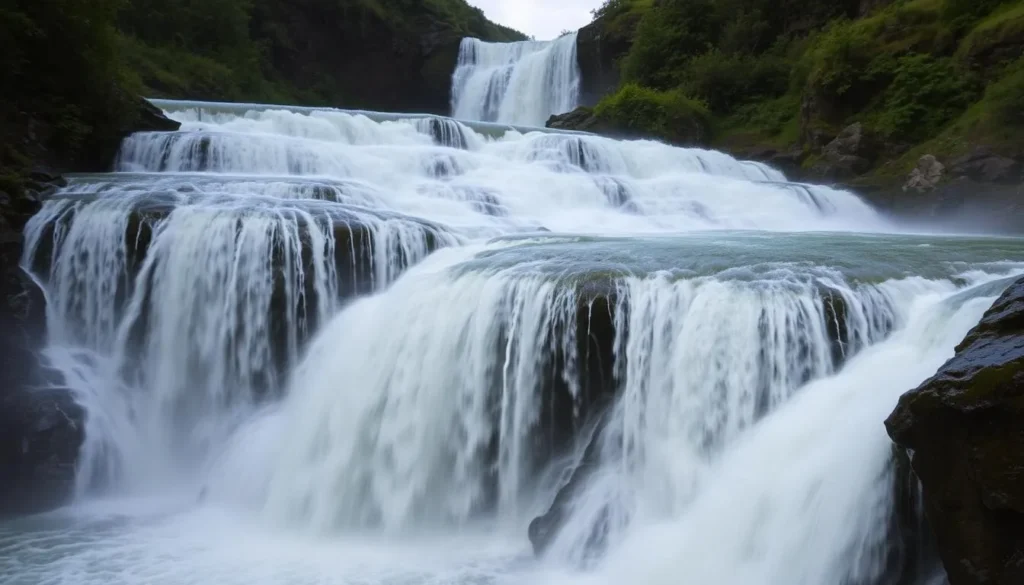 Image of Muddusfallet waterfall in full spate during June