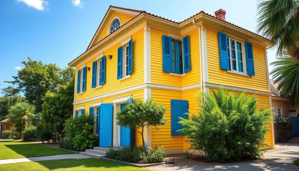 Image of Musée Départemental De Franconie, a charming Creole mansion with yellow weatherboarding and blue shutters