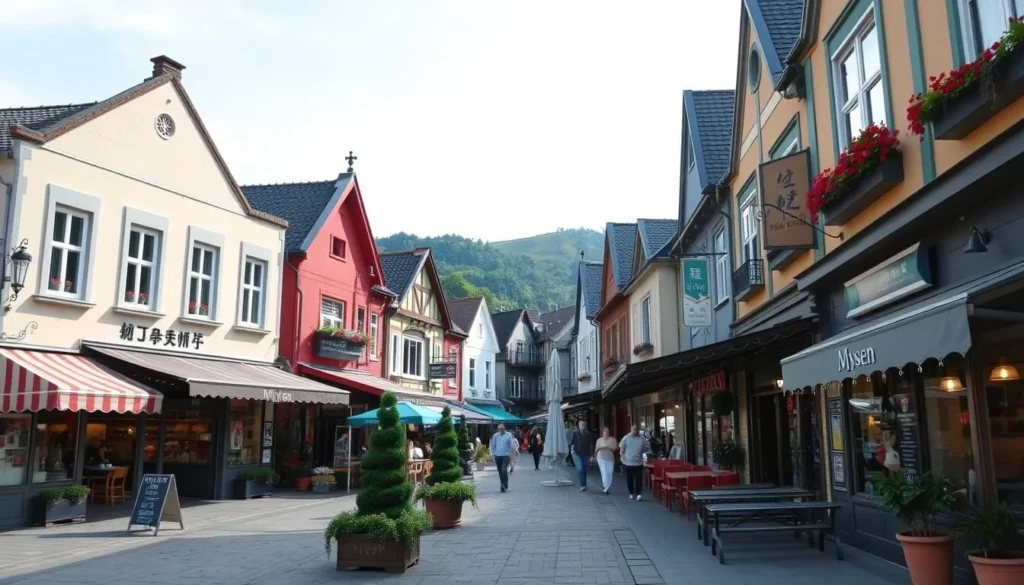 Image of Mysen town center with local shops and cafes