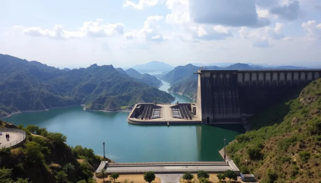Image of Nagarjunasagar Dam with open gates and scenic views