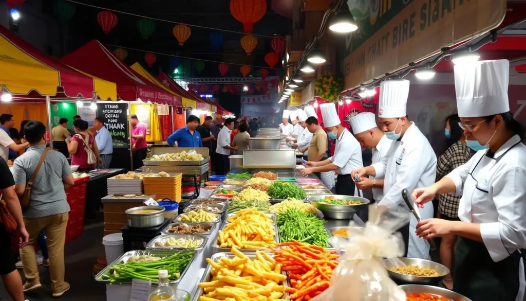 Image of Ñam Festival in Santiago with food stalls and chefs cooking