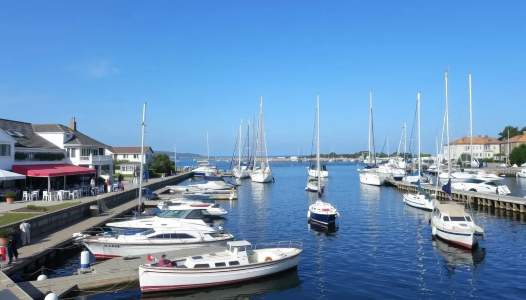 Image of Nida Marina with boats and waterfront cafes