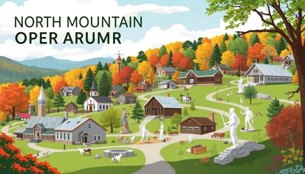 Image of North Mountain Open-Air Museum with its eclectic collection of buildings and sculptures