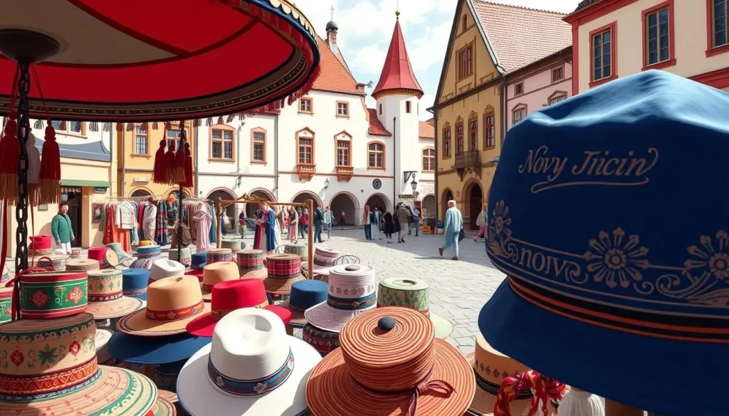 Image of Novy Jicin town square with a display of traditional hats