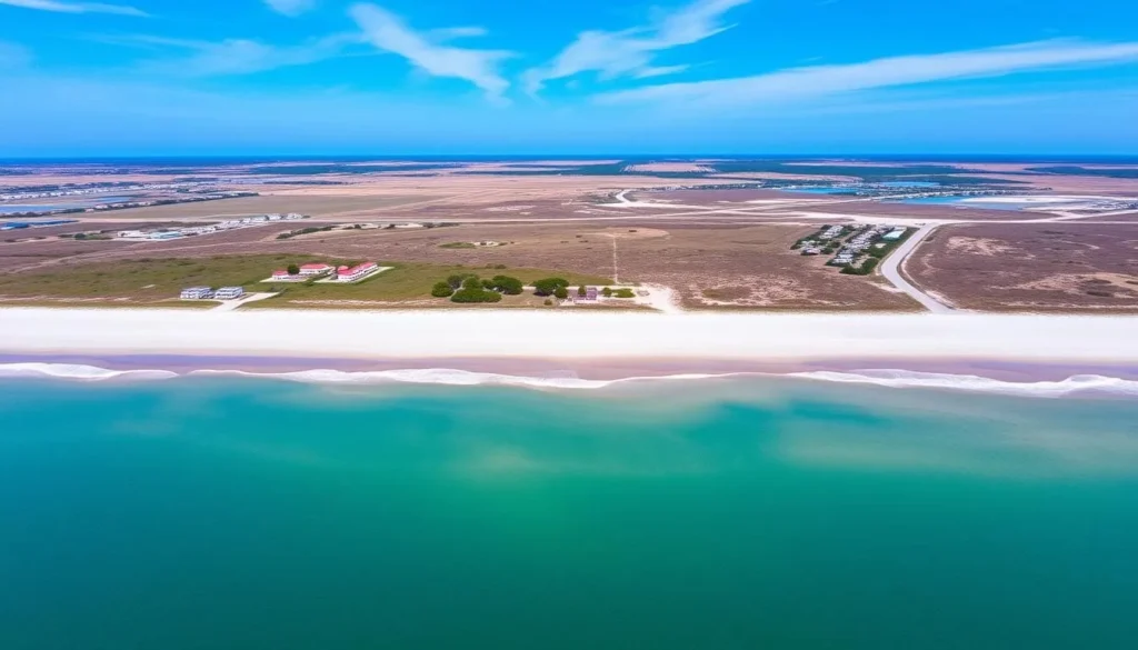 Image of Oak Island beach with a clear blue sky and calm waters