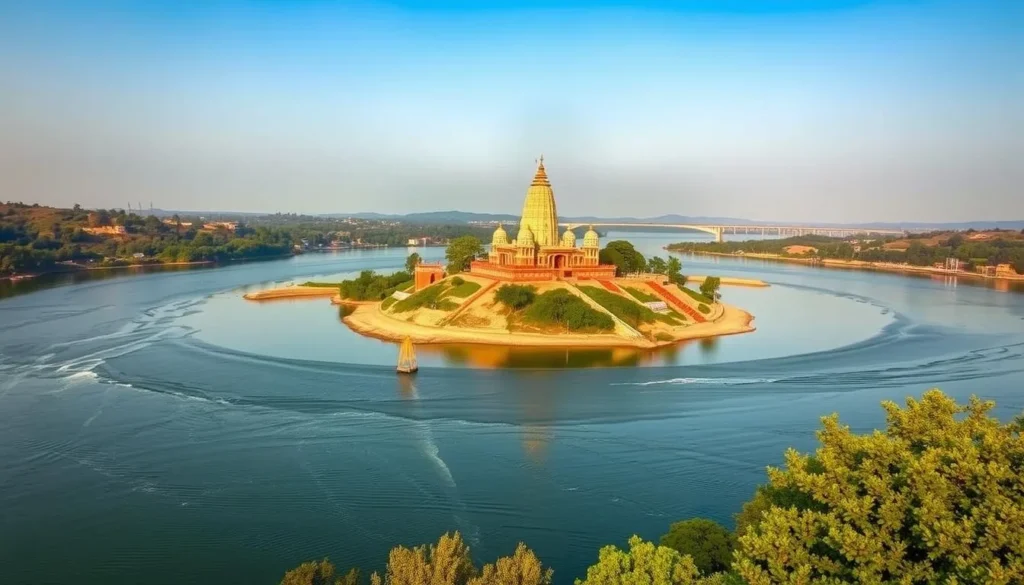 Image of Omkareshwar island with the Narmada River and Jyotirlinga Temple